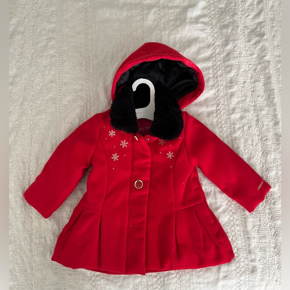 London Fog Girls Red Winter Coat with Snowflakes-12 months